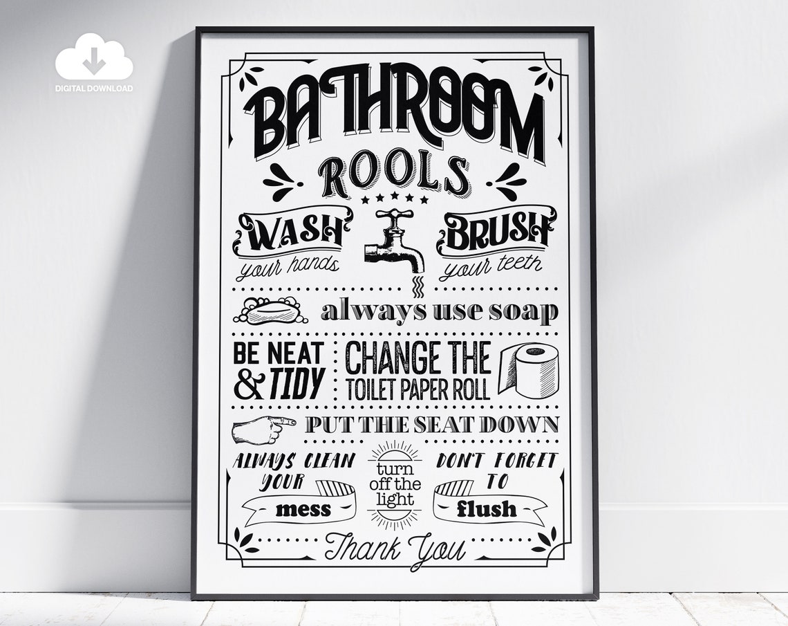 Bathroom Rools Funny Rules Sign Black And White Typography Poster