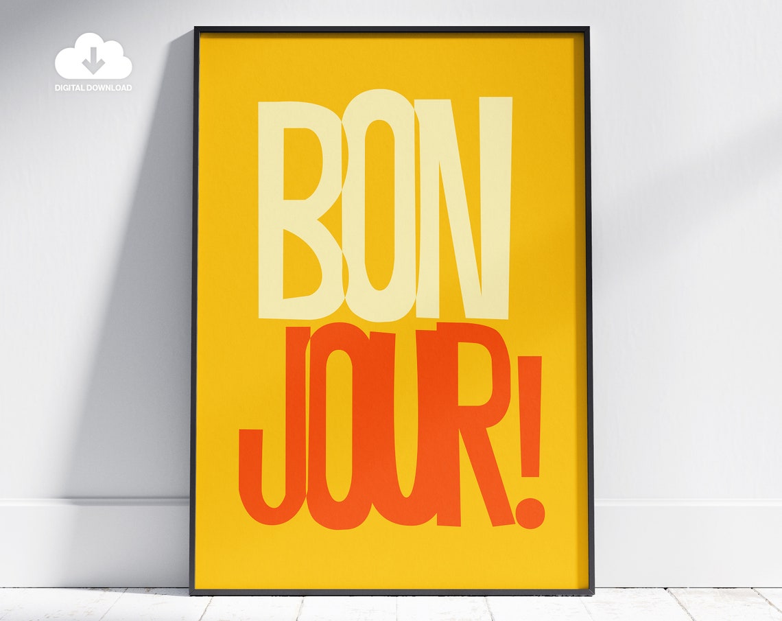 Bon Jour Yellow French Greeting Bold Modern Typography Poster