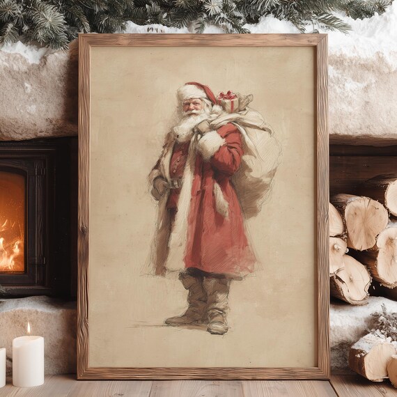 Vintage Santa Claus Gift Sack Classic Christmas Sketch Art Poster