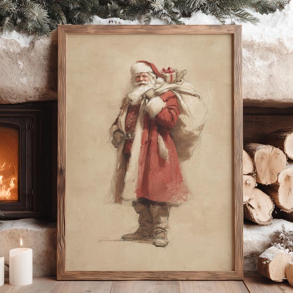 Vintage Santa Claus Wall Art Print Classic Father Christmas Illustration Retro Holiday Decor Old World Nostalgic