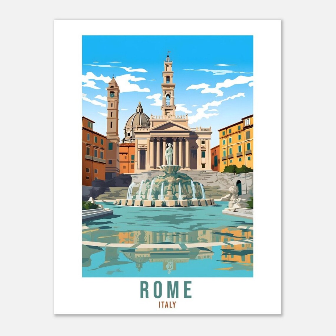 Rome Italy Historic Baroque Church Fountain Piazza Scene Poster - Image 4