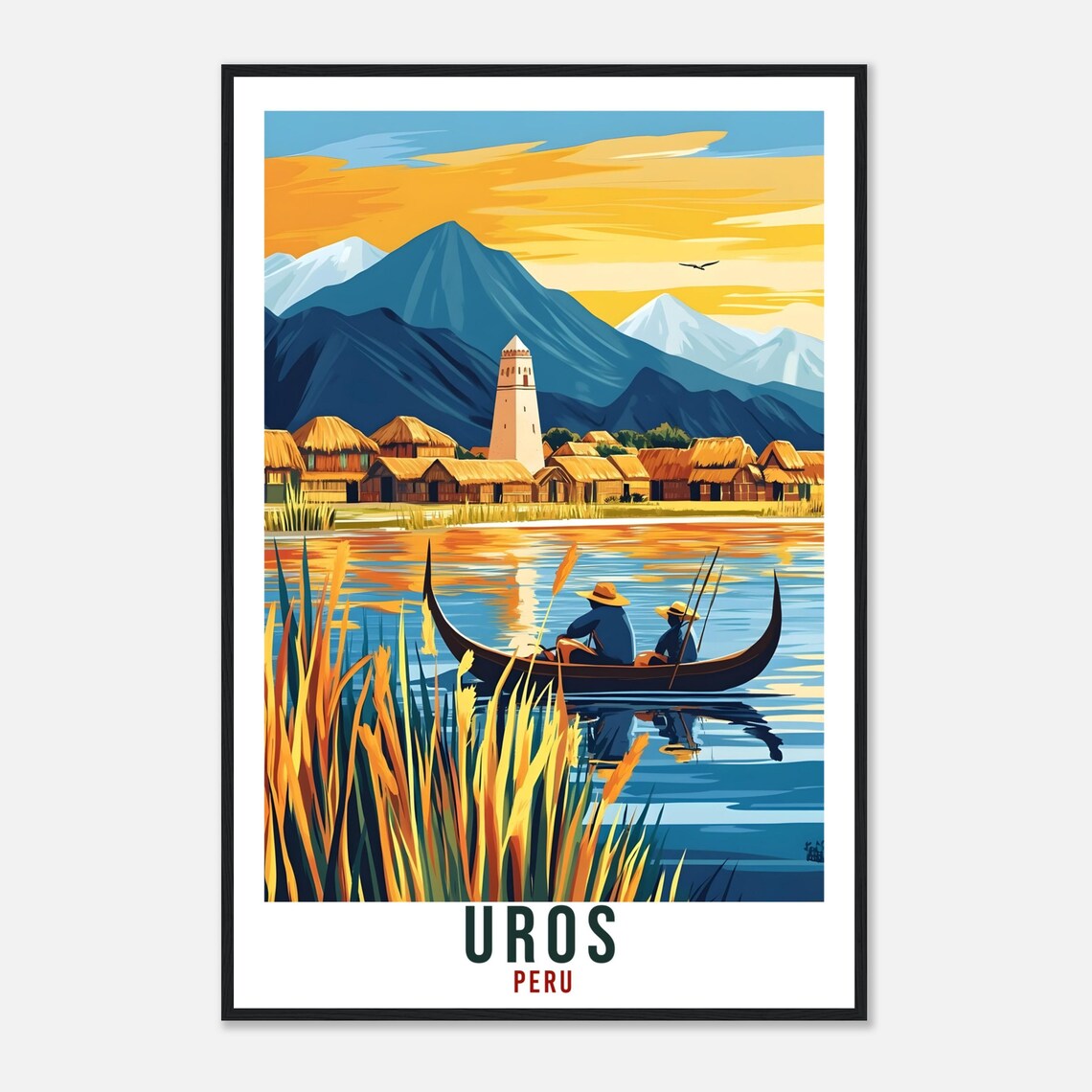 Uros Peru Reed Boat Lake Sunset Vintage Travel Illustration Poster - Image 4