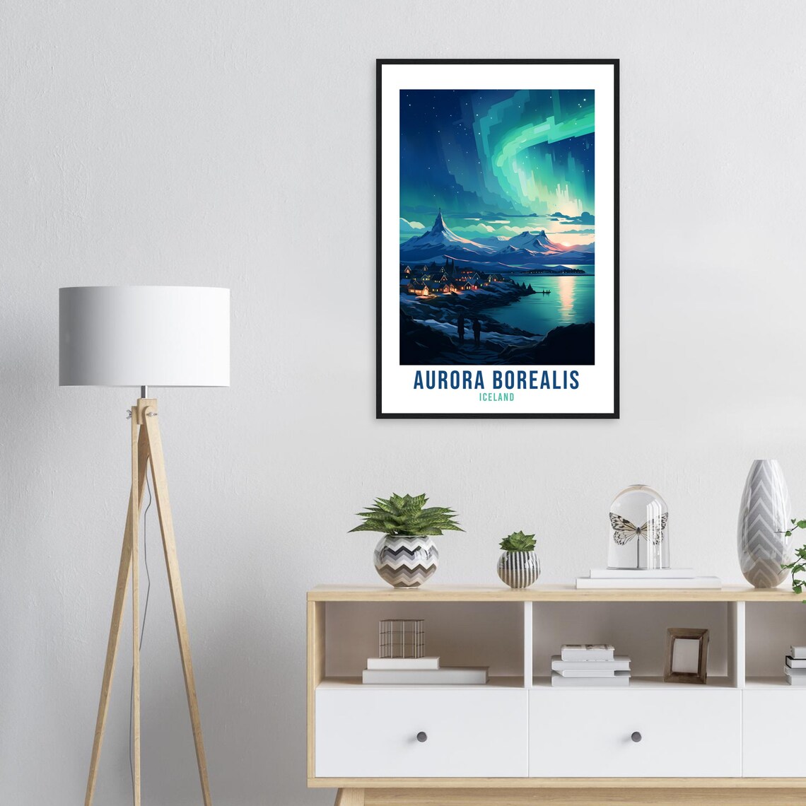 Aurora Borealis Iceland Northern Lights Snow Village Travel Poster - Image 3