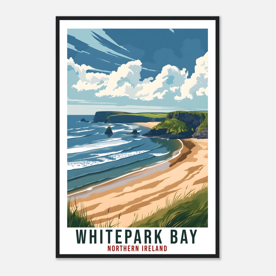 Whitepark Bay Northern Ireland Beach Retro Cliffs Travel Poster - Image 4