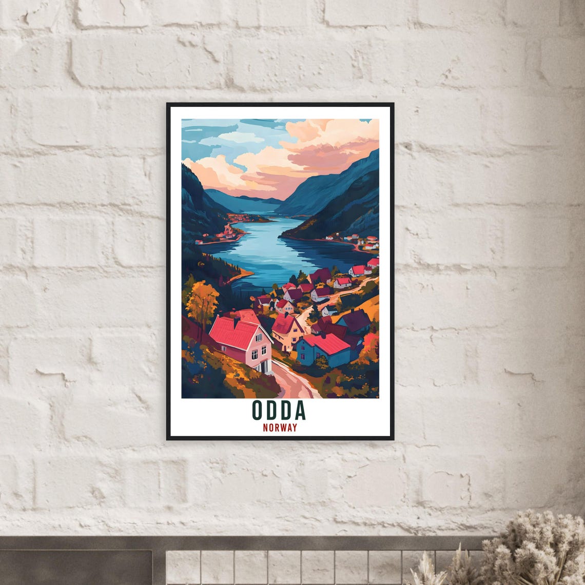 Odda Norway Red Roofed Village Sunset Illustrated Travel Poster - Image 2