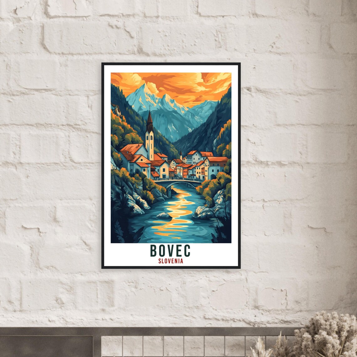 Bovec Slovenia Alpine Village River Bridge Sunset Travel Poster - Image 2
