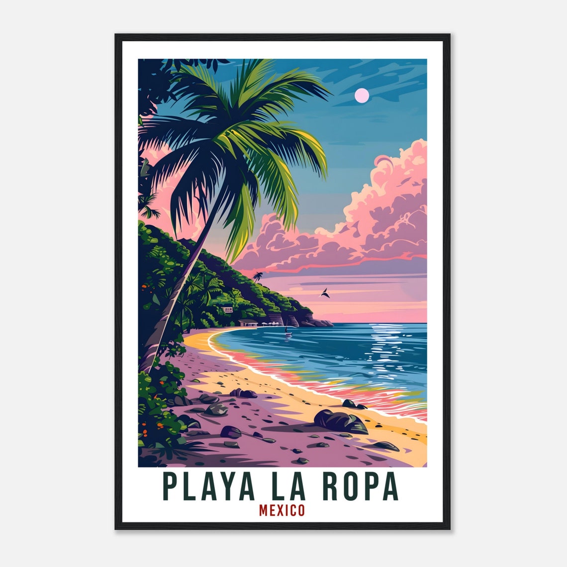 Playa La Ropa Mexico Sunset Beach Retro Palm Cove Travel Poster - Image 4