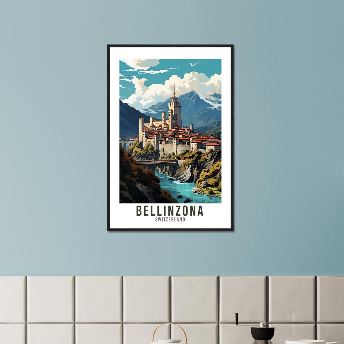 Bellinzona Switzerland Castle Travel Poster Hilltop Fortress View - Image 2