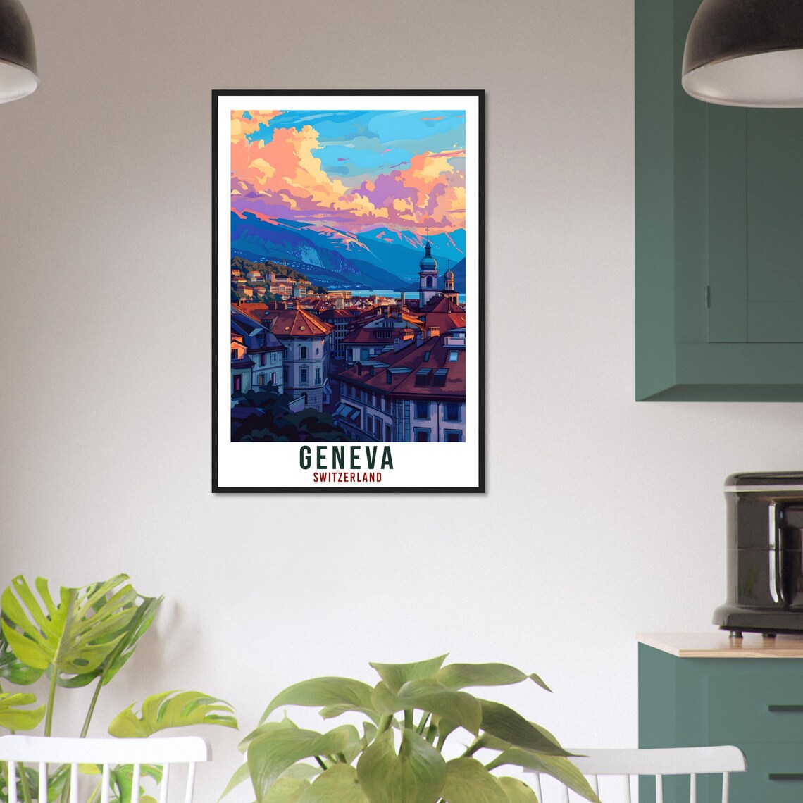 Geneva Switzerland Sunset Church Steeple Mountain View Travel Poster - Image 2
