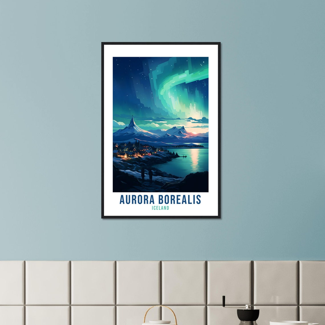 Aurora Borealis Iceland Northern Lights Snow Village Travel Poster - Image 4