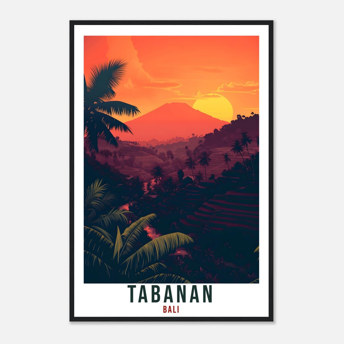 Tabanan Bali Rice Terraces Sunset Volcano Illustrated Art Poster - Image 4