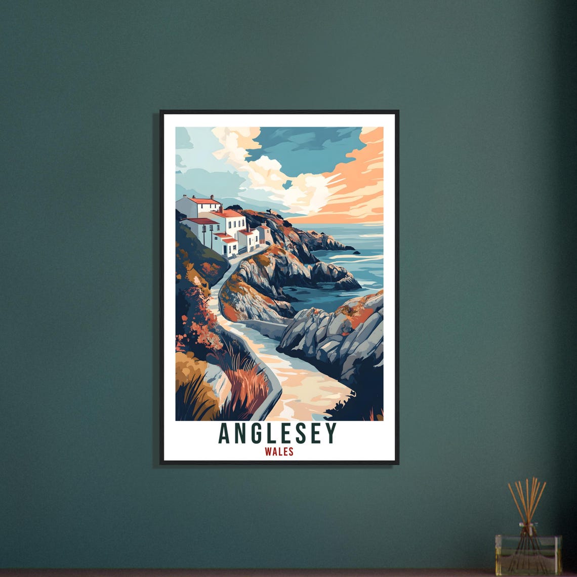 Anglesey Wales Coastal Cottages Rocky Cove Sunset Travel Poster - Image 3