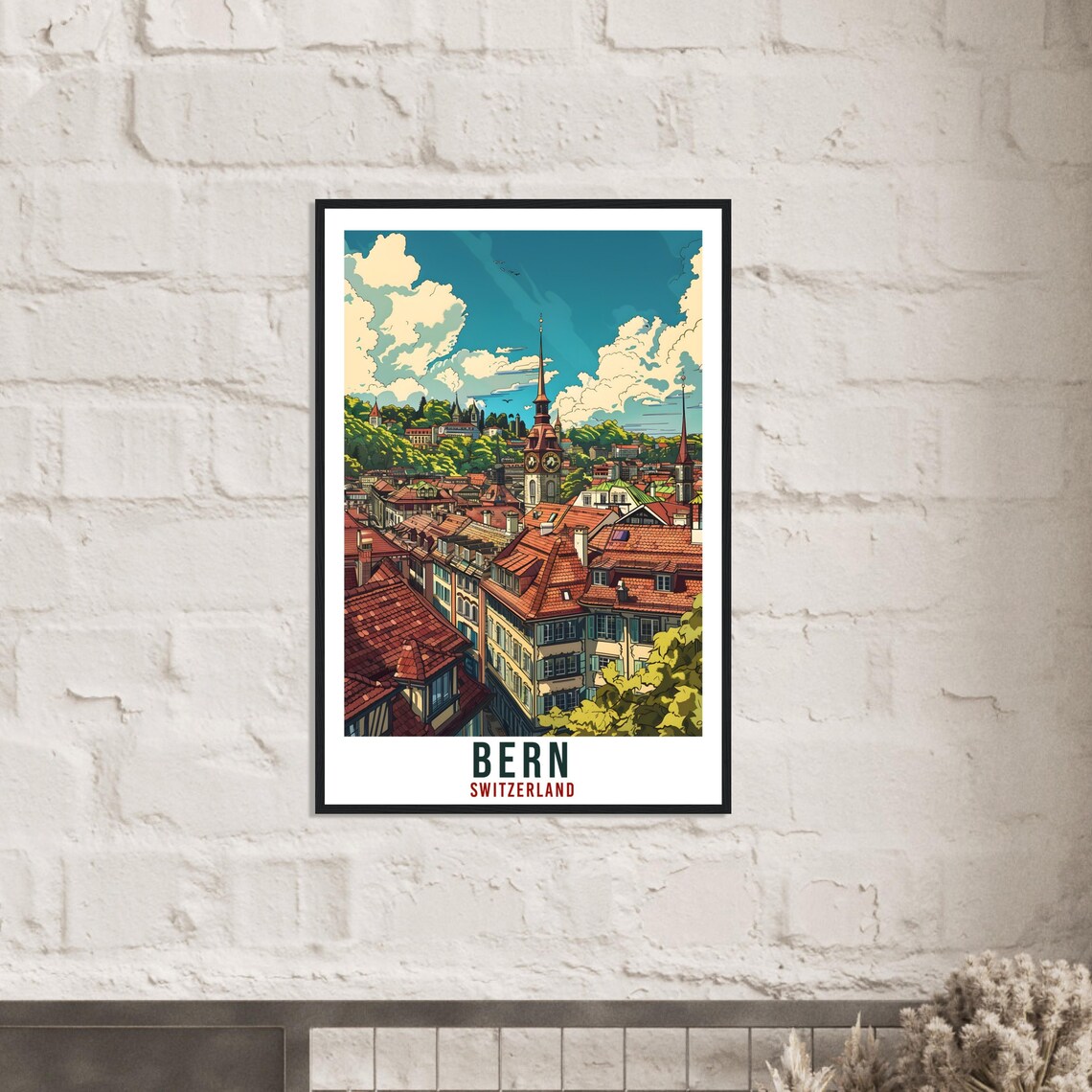Bern Switzerland Clock Tower Red Rooftops Old Town Travel Poster - Image 3