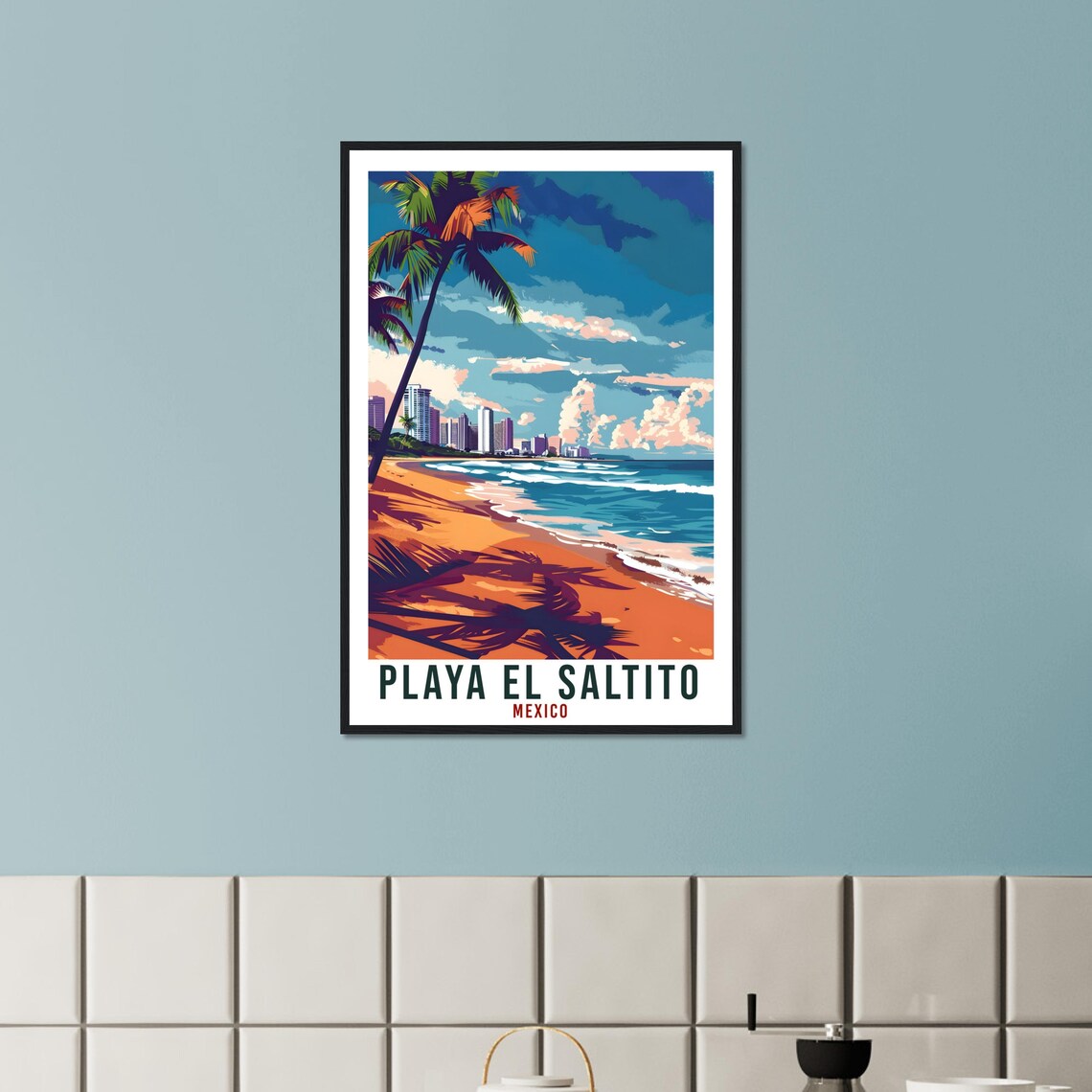 Playa El Saltito Mexico Golden Beach City Skyline Palm Shadow Art Poster - Image 3