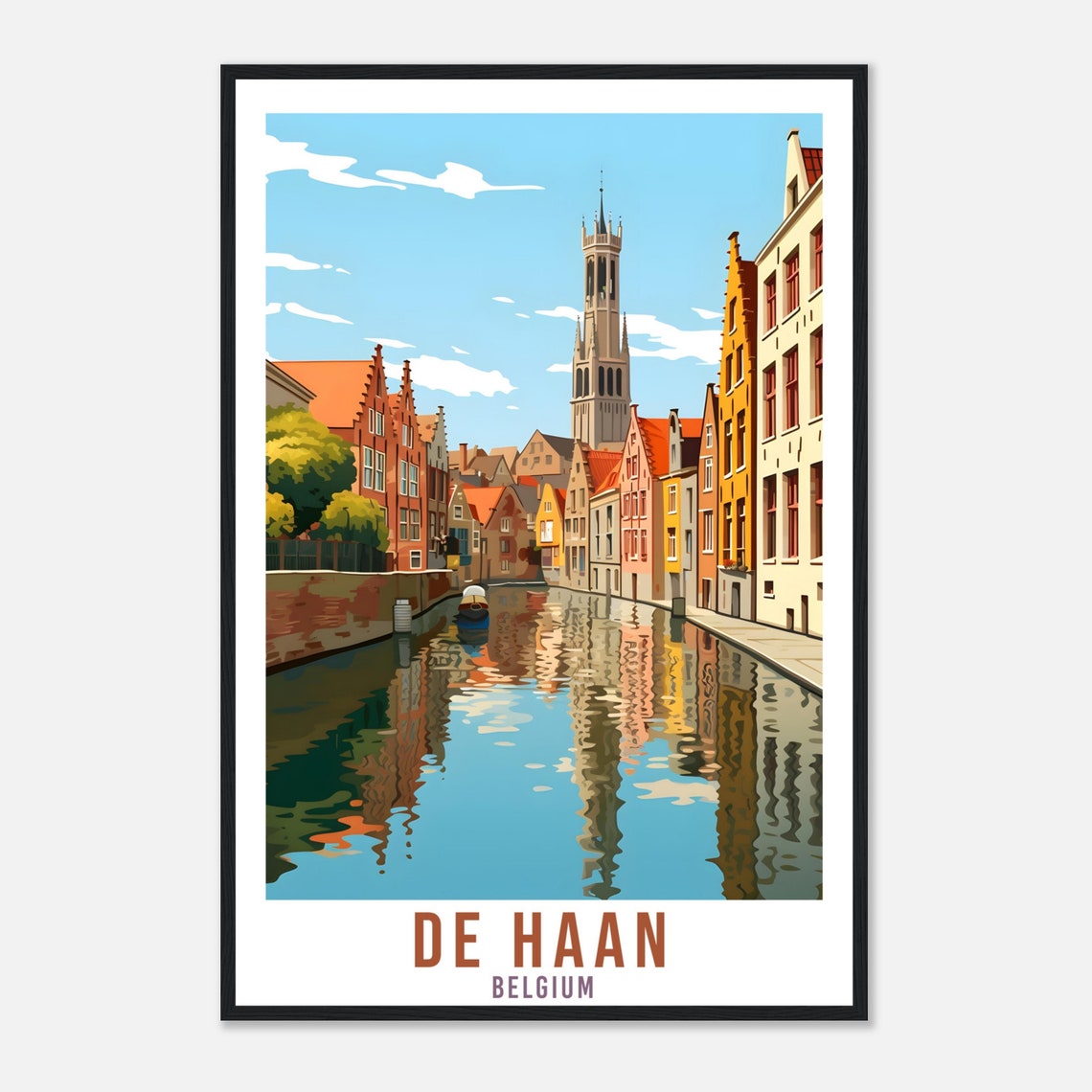 De Haan Belgium Canal Travel Poster Vintage Belfry Reflection Art - Image 4