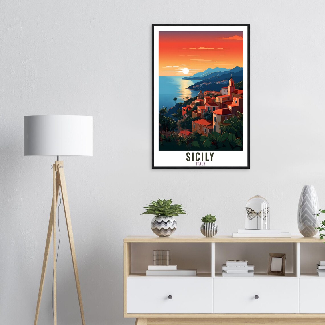 Sicily Italy Sunset Coast Travel Poster Mediterranean Village View - Image 2