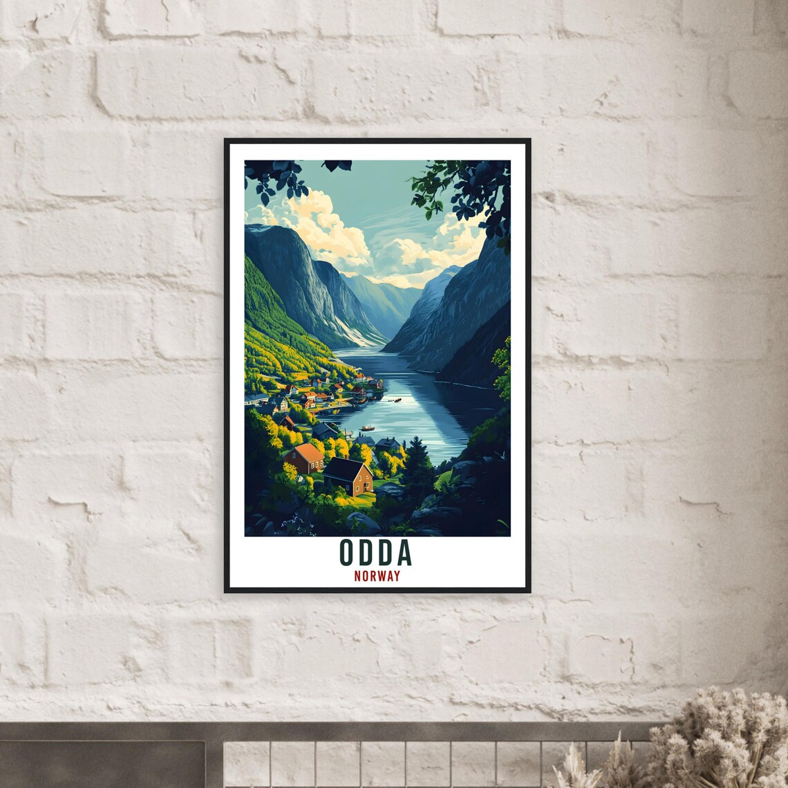 Odda Norway Fjord Village Golden Light Illustrated Travel Poster - Image 2