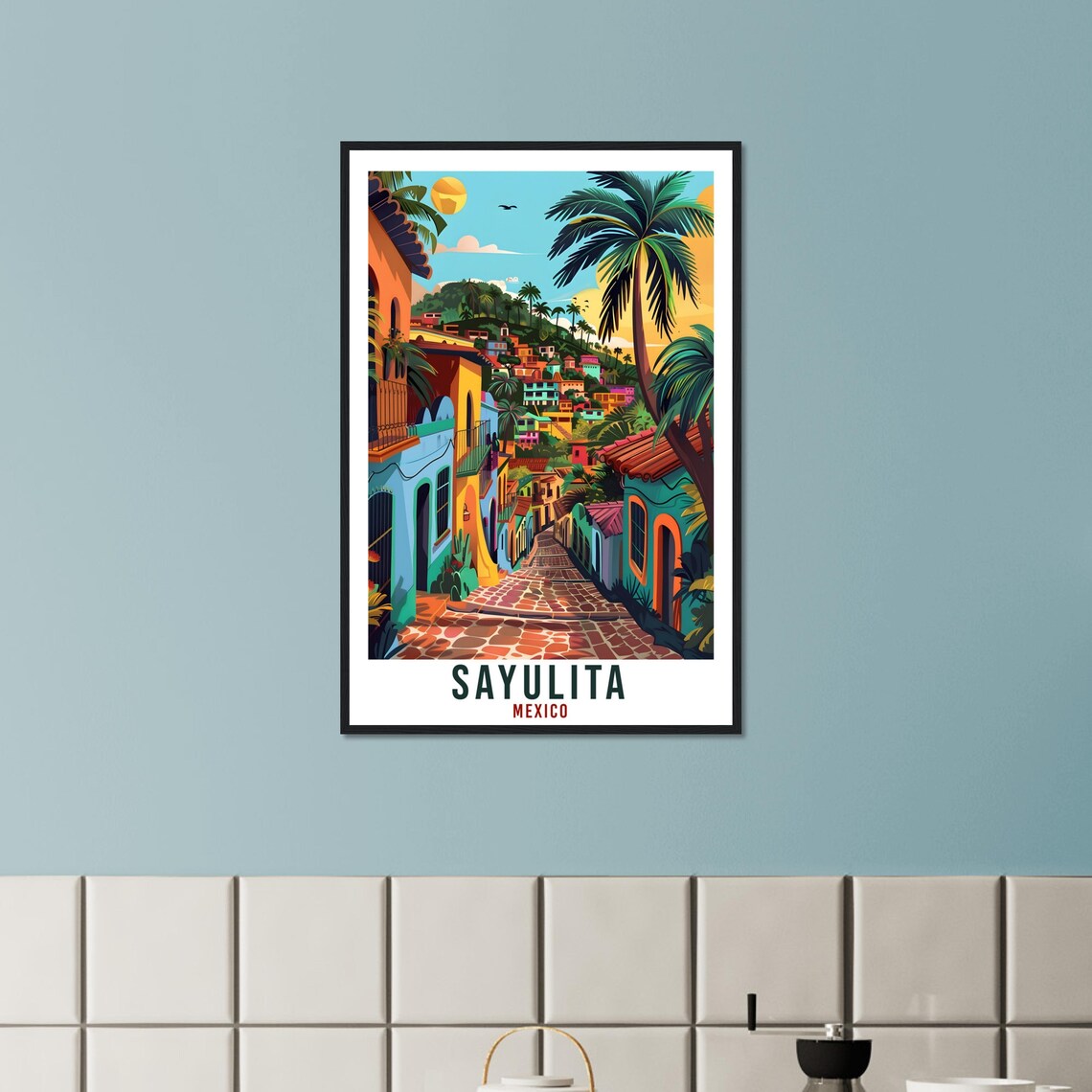 Sayulita Mexico Sunny Colorful Street Palms Village Travel Poster - Image 3