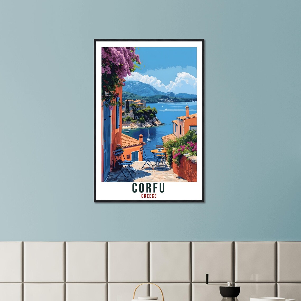 Corfu Greece Seaside Cafe Terrace with Bougainvillea Travel Poster - Image 4