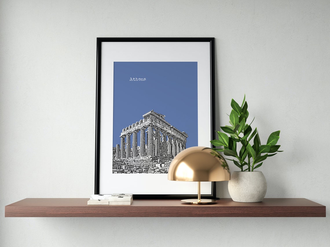 Athens Blue Pop Art Parthenon Ancient Columns Sketch Print Decor - Image 3