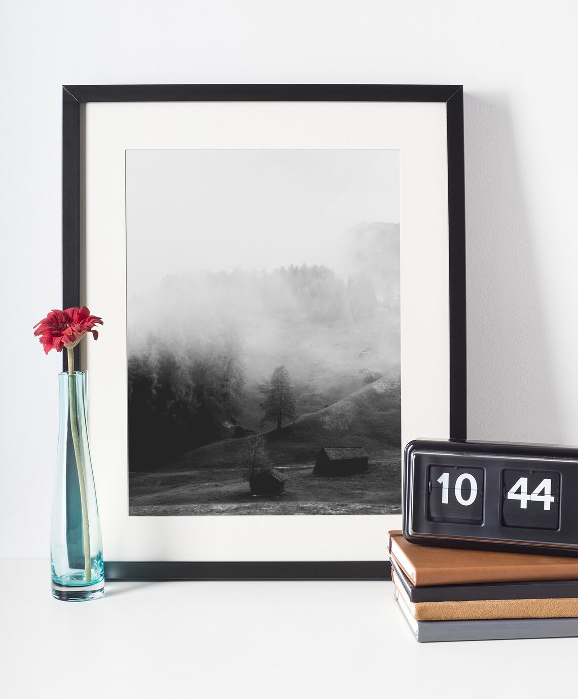 Misty Black And White Mountain Valley Cabin Moody Nature Photo Poster - Image 2