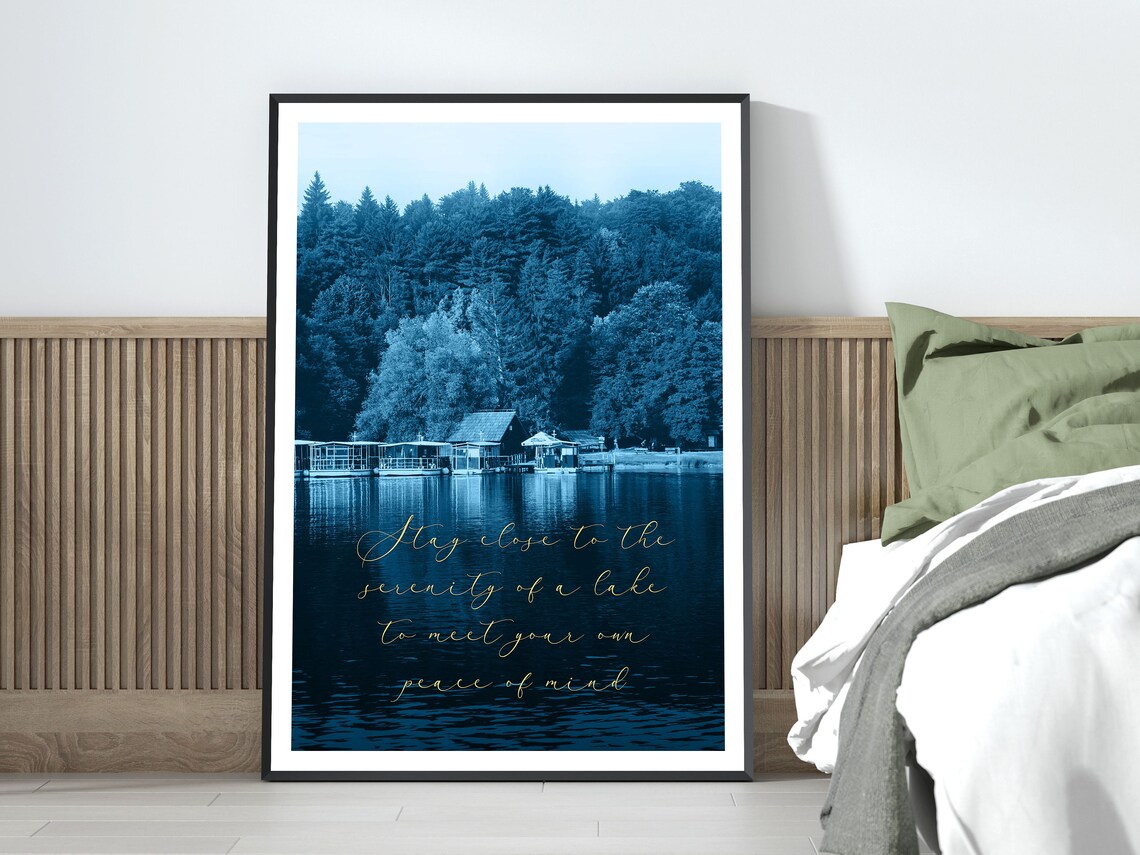 Serenity of a Lake Quote Blue Forest Water Photography Poster - Image 4