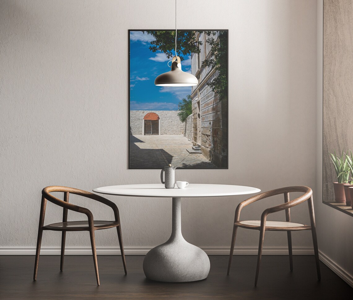 Sunlit Old Stone Street Courtyard White Walls Photography Poster - Image 3
