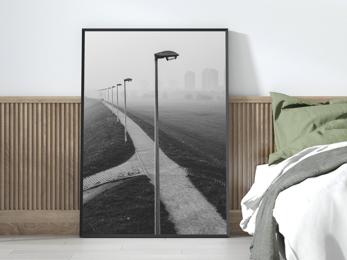 Foggy Black And White Street Lamp Path Moody Urban Photo Print Decor - Image 4
