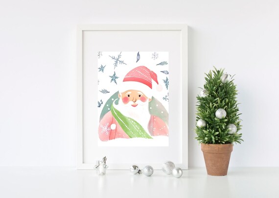 Pastel Santa Claus Watercolor Portrait Snowflake Nursery Wall Art