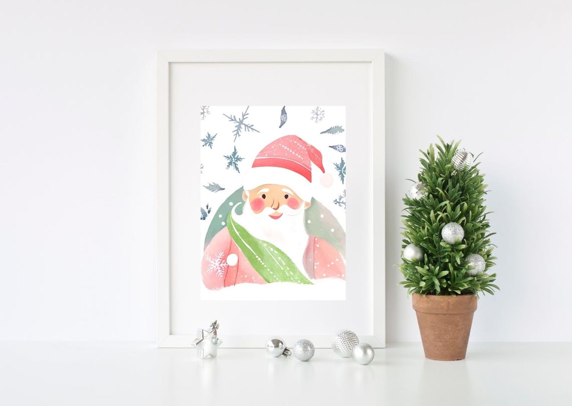 Pastel Santa Claus Watercolor Portrait Snowflake Nursery Wall Art