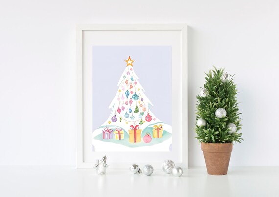 White Christmas Tree Colorful Ornaments Gifts Nursery Wall Art