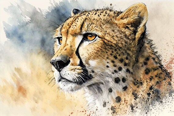 Cheetah Watercolor Spotted Head Blue Orange Big Cat Wall Art