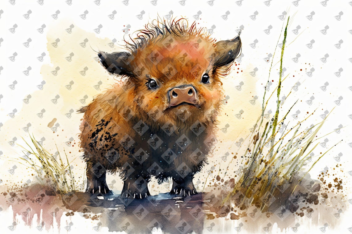 Baby Bull Calf Watercolor Fluffy Cute Nursery Animal Wall Art Poster