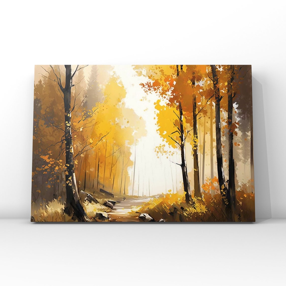 Golden Autumn Forest Path Sunlit Trees Fall Painting Art Poster