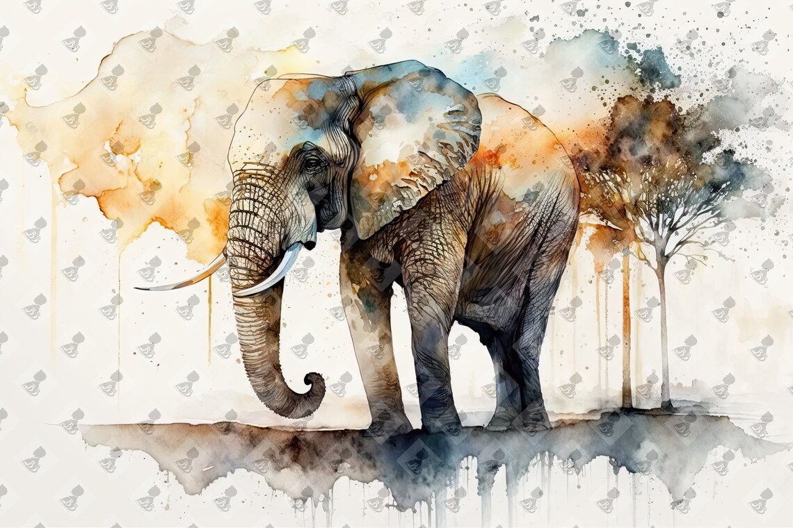African Elephant Watercolor Side Profile Tree Wildlife Animal Wall Art Poster