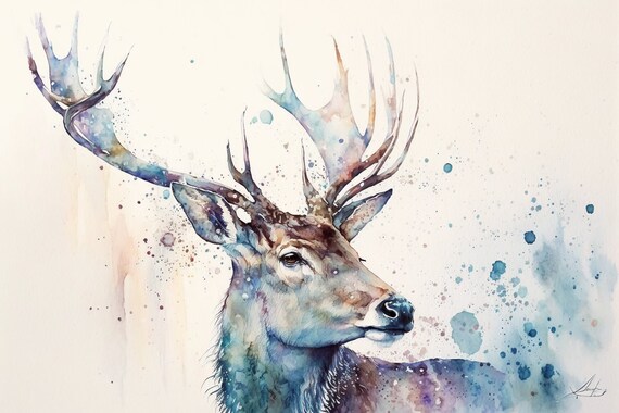 Deer Stag Antlers Watercolor Blue Wash Forest Wildlife Art Poster