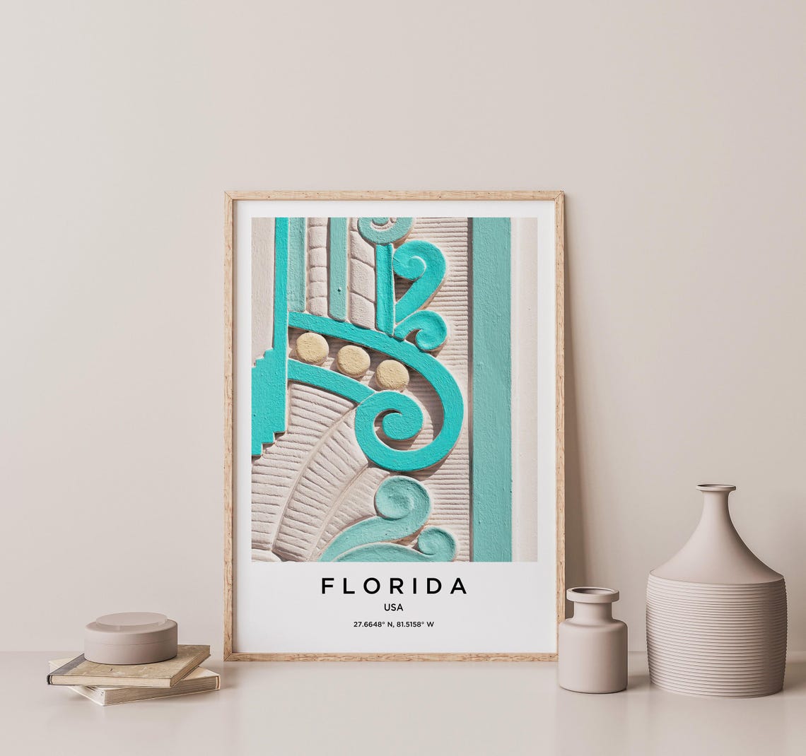 Florida Art Deco Teal Ornament Facade Detail Graphic Photo Poster - Image 2