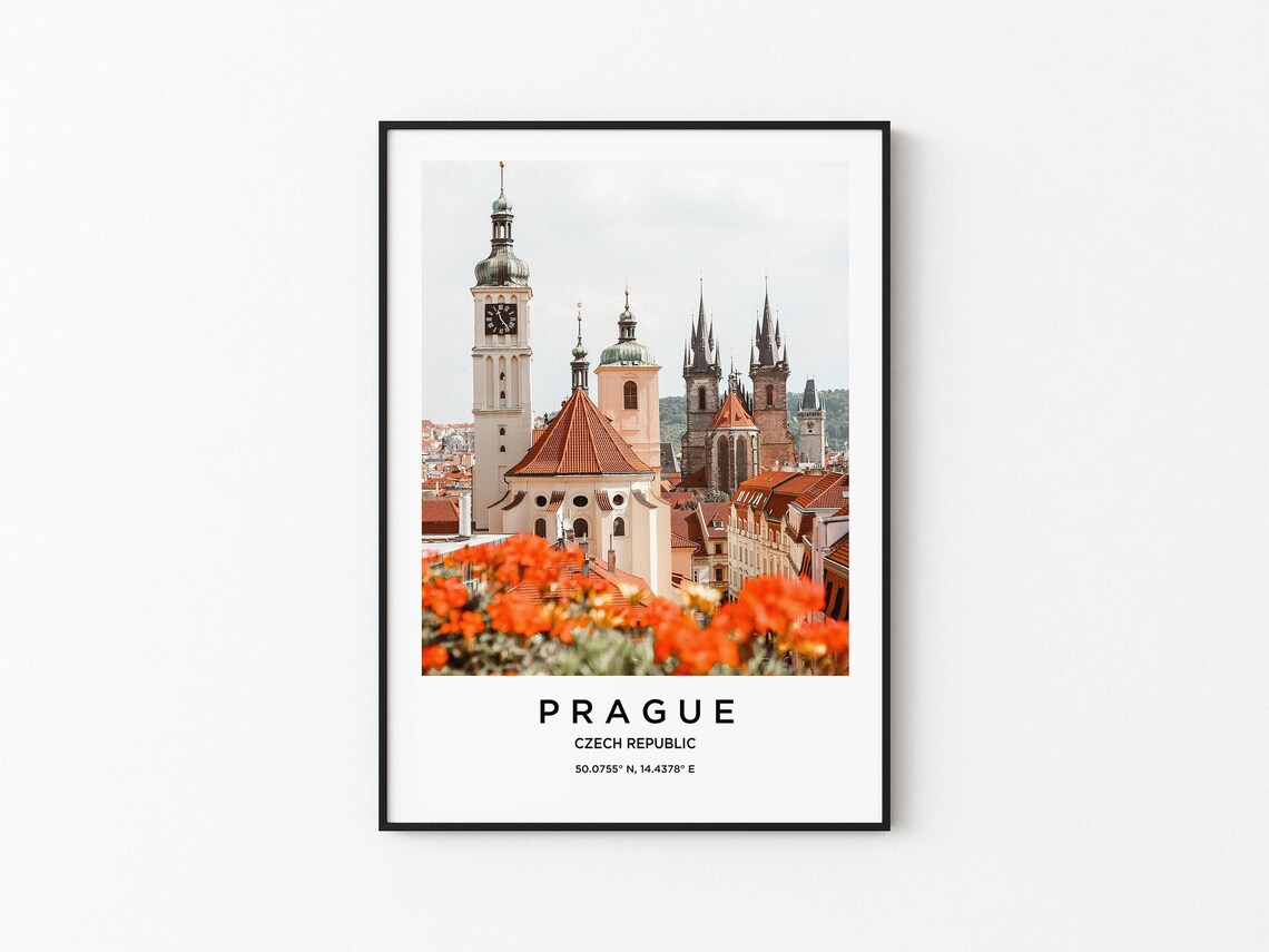Prague Czech Republic Old Town Spires Red Flowers Travel Poster