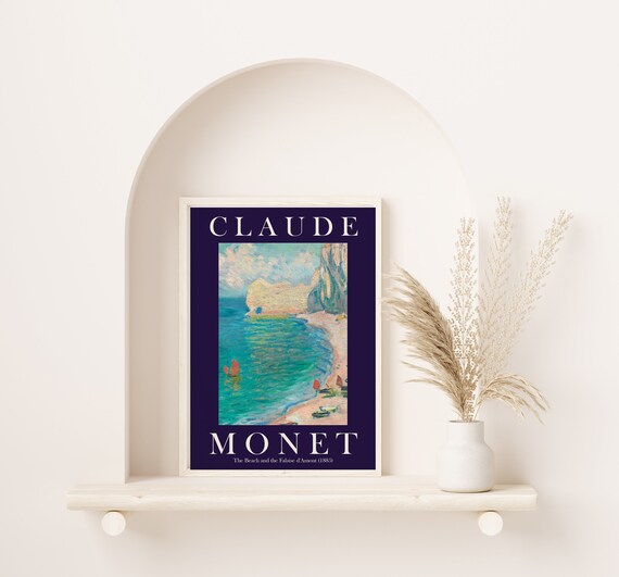 Claude Monet Beach and Falaise d'Amont 1885 Navy Border Poster