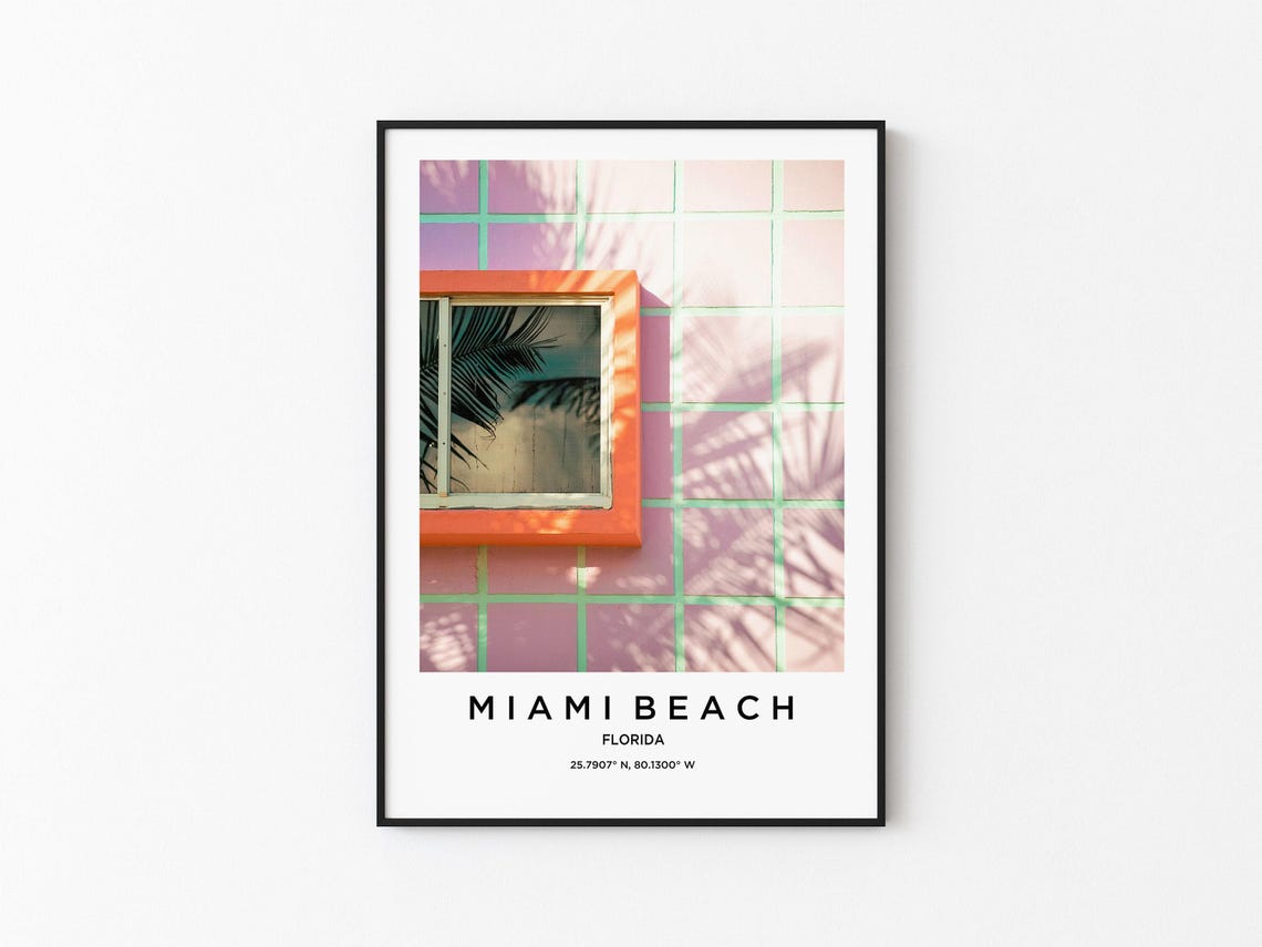 Miami Beach Pink Tiled Wall Orange Window Palm Shadows Design Poster
