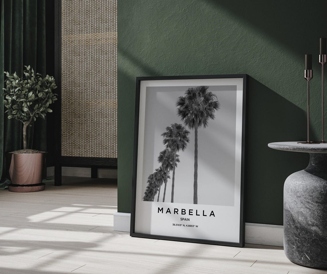 Marbella Spain Tall Palm Trees Black and White Minimalist Poster - Image 2