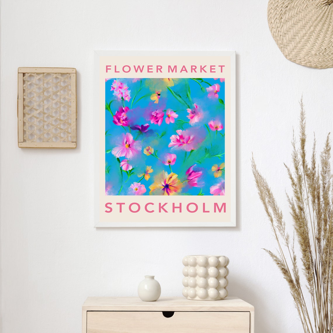 Flower Market Stockholm Pink Wildflower Blue Background Poster - Image 2