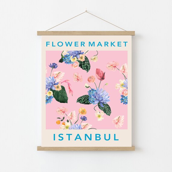 Flower Market Istanbul Tropical Blooms on Blush Pink Scroll Poster