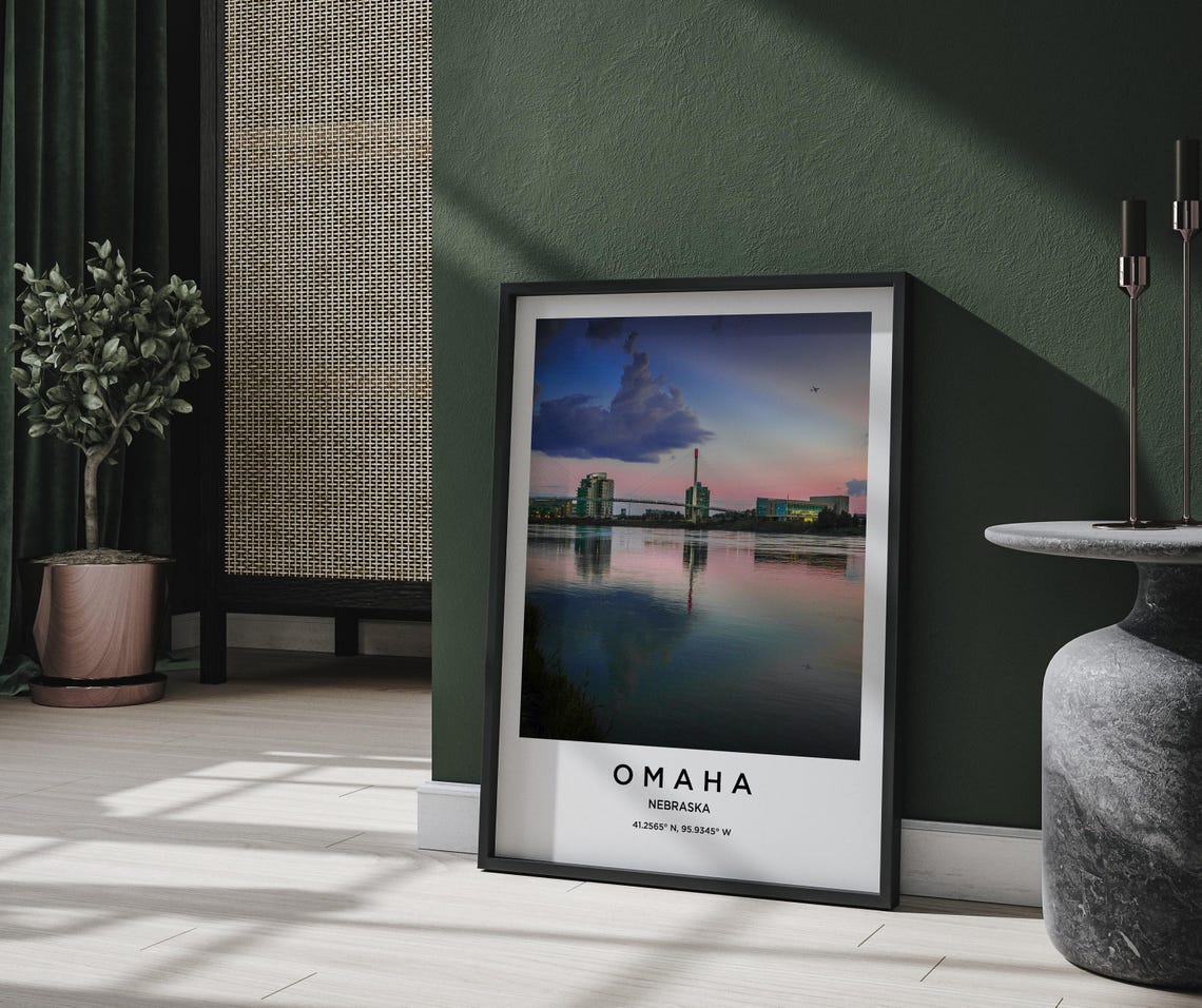 Omaha Nebraska Pink Sunset River Bridge Skyline Reflection Poster - Image 2