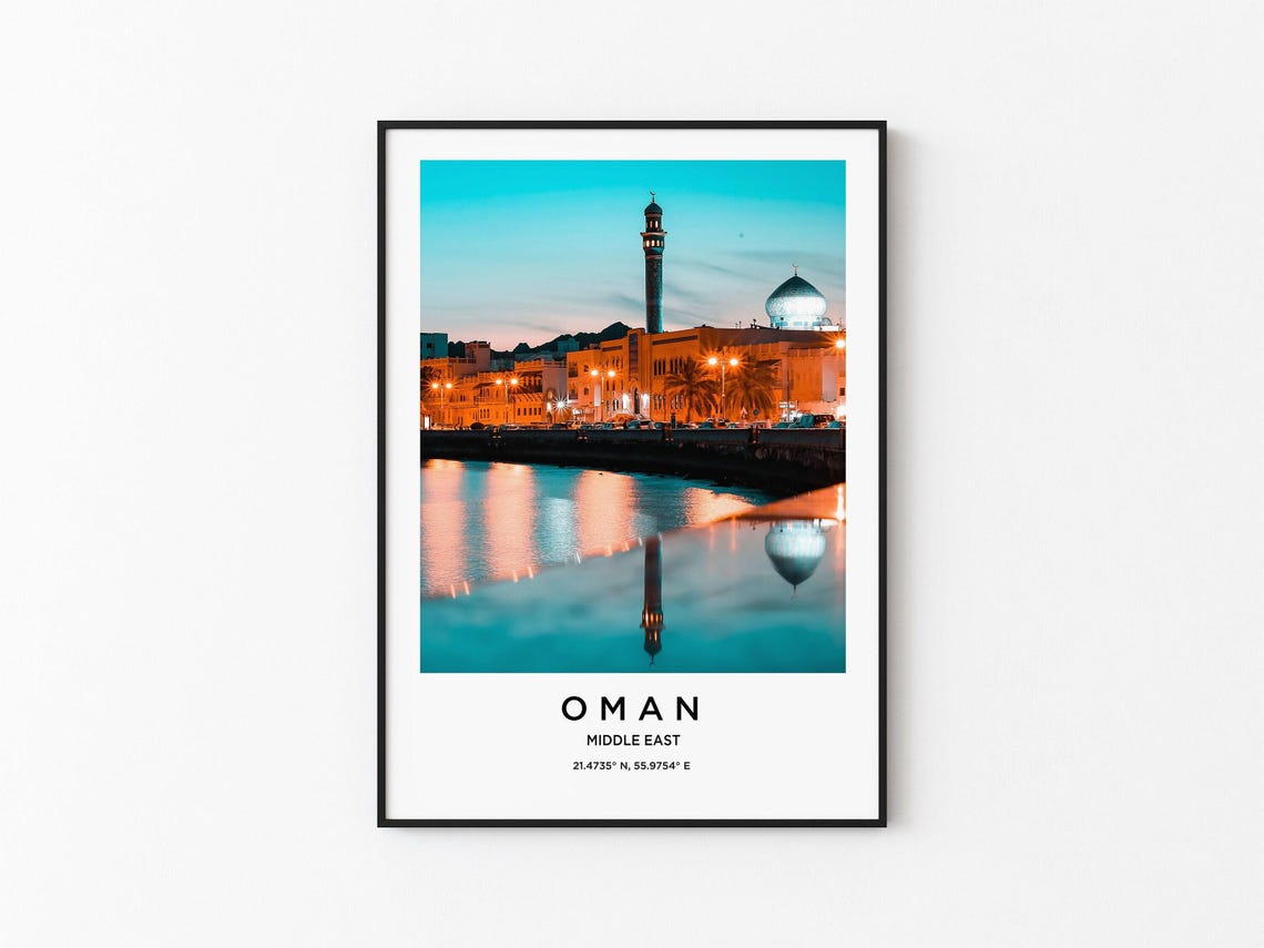 Oman Mosque Minaret Waterfront Dusk Reflection Travel Poster