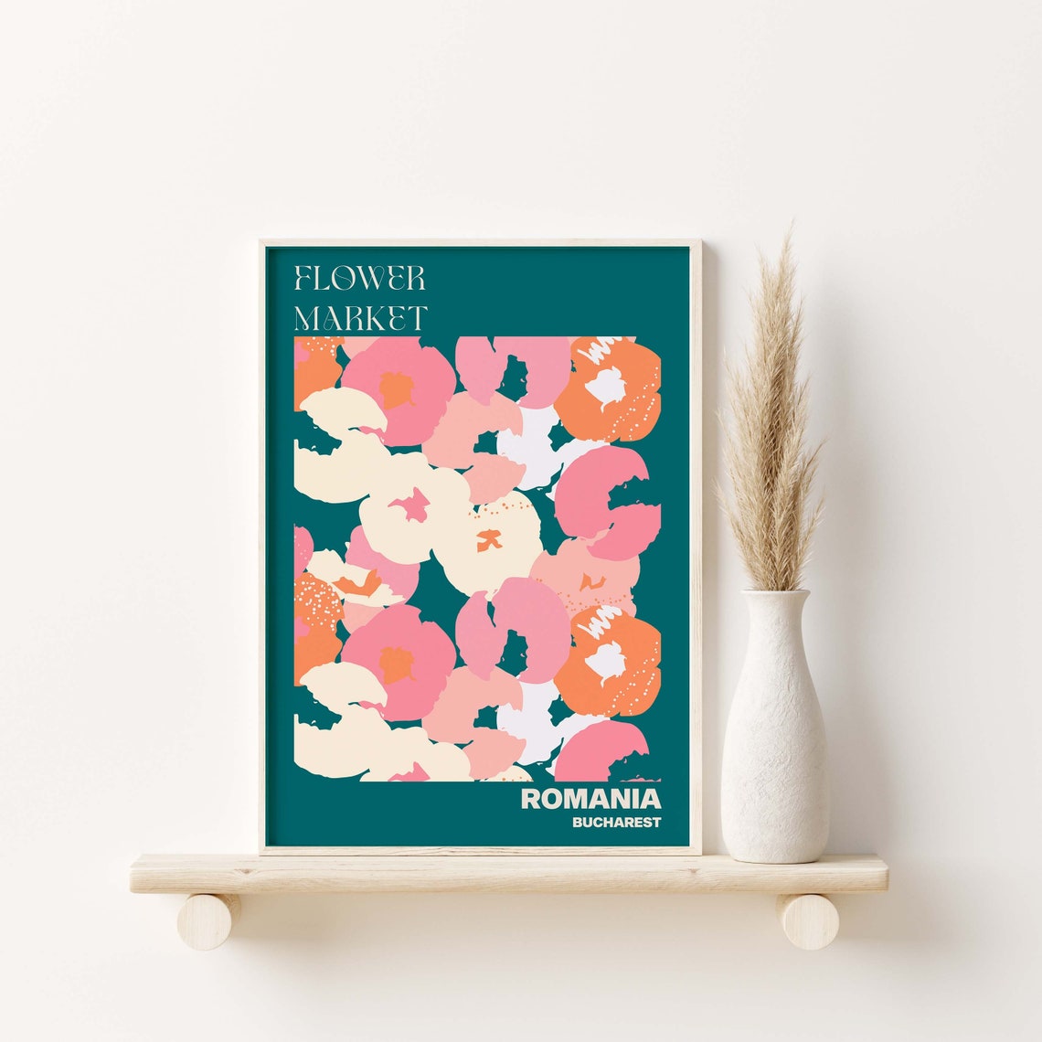 Romania Flower Market Poster Bucharest Teal Coral Floral Artwork - Image 3
