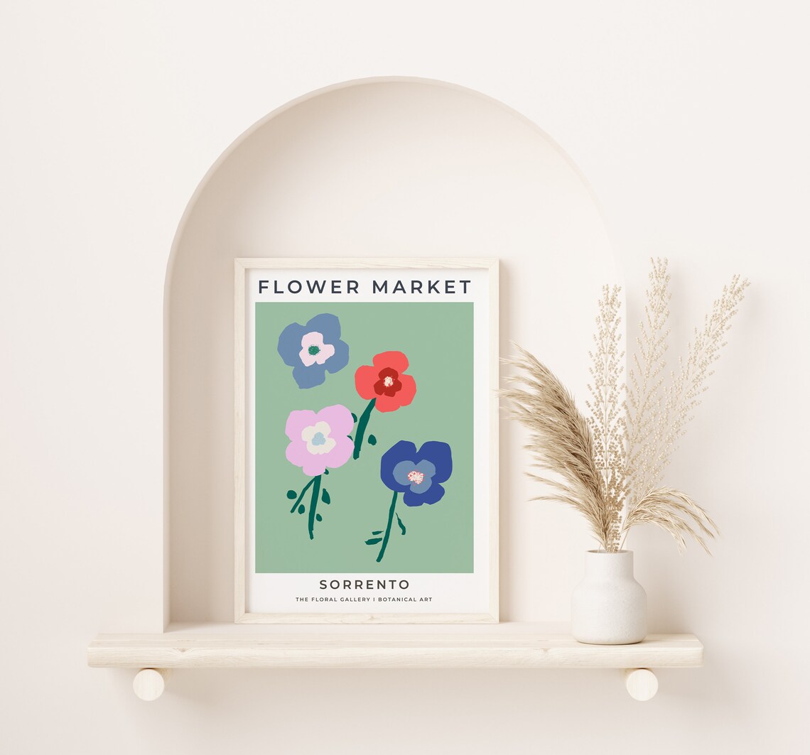 Flower Market Sorrento Mint Green Botanical Floral Art Poster