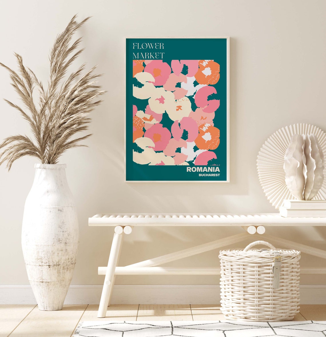 Romania Flower Market Poster Bucharest Teal Coral Floral Artwork - Image 2