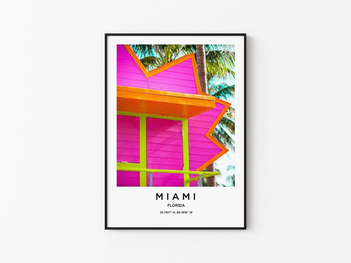 Miami Florida Pink Lifeguard Tower Palm Trees Beach Photo Poster