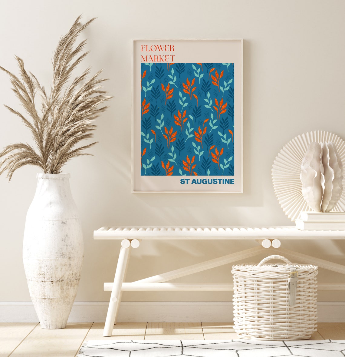 St Augustine Flower Market Poster Navy Tropical Leaf Artwork - Image 2